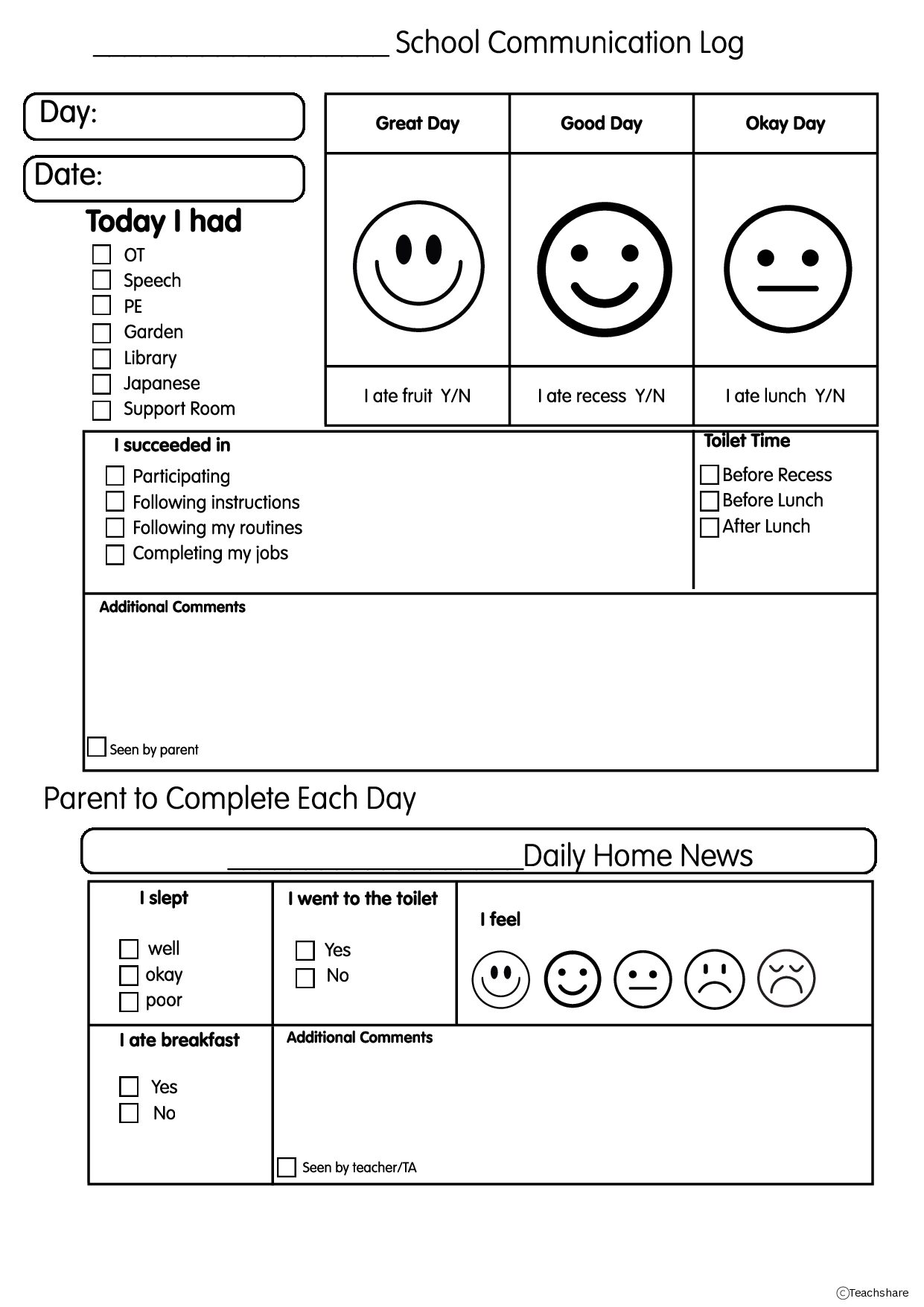 Parent/School Communication Book