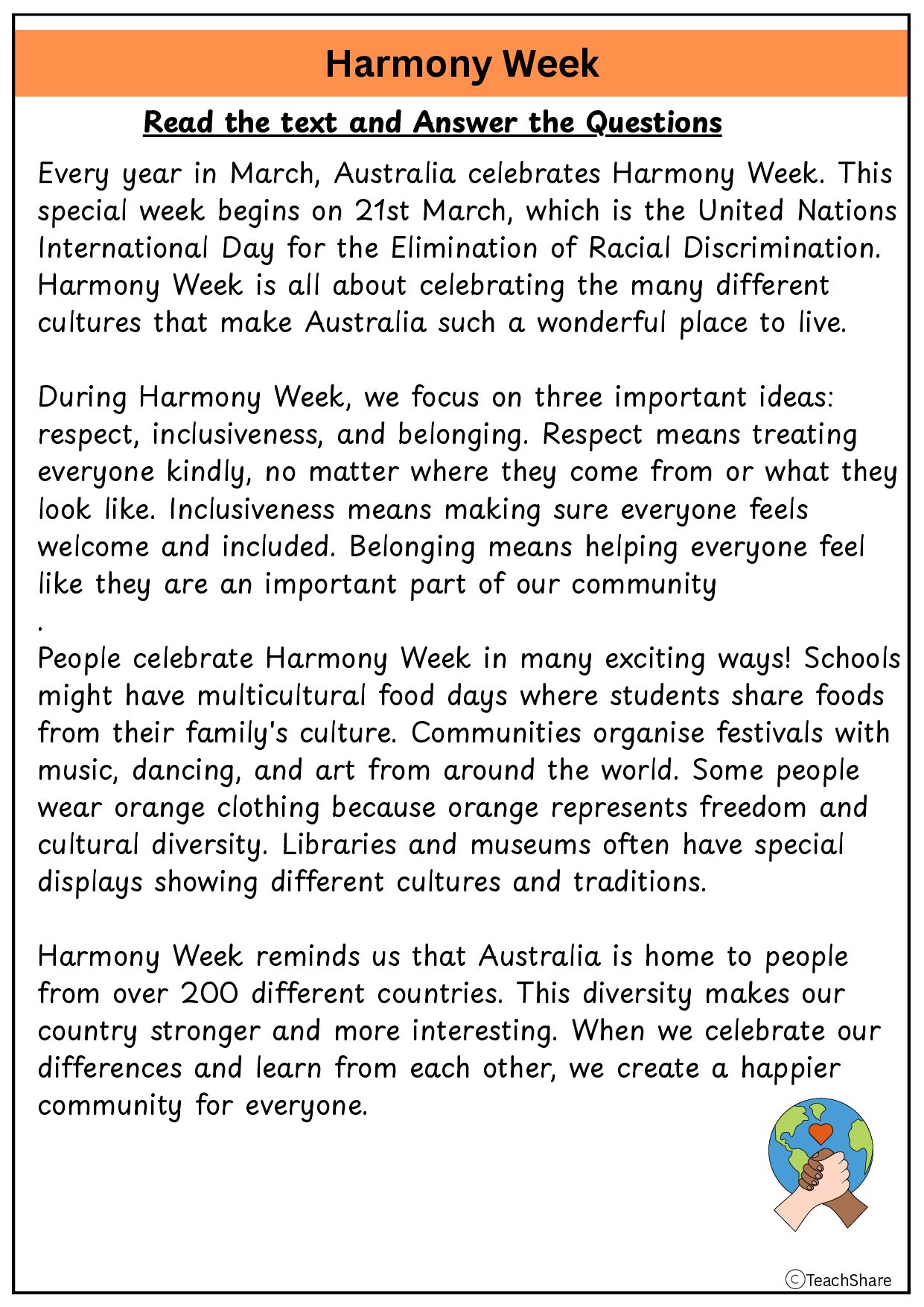 Harmony Week reading and Comprehension Questions