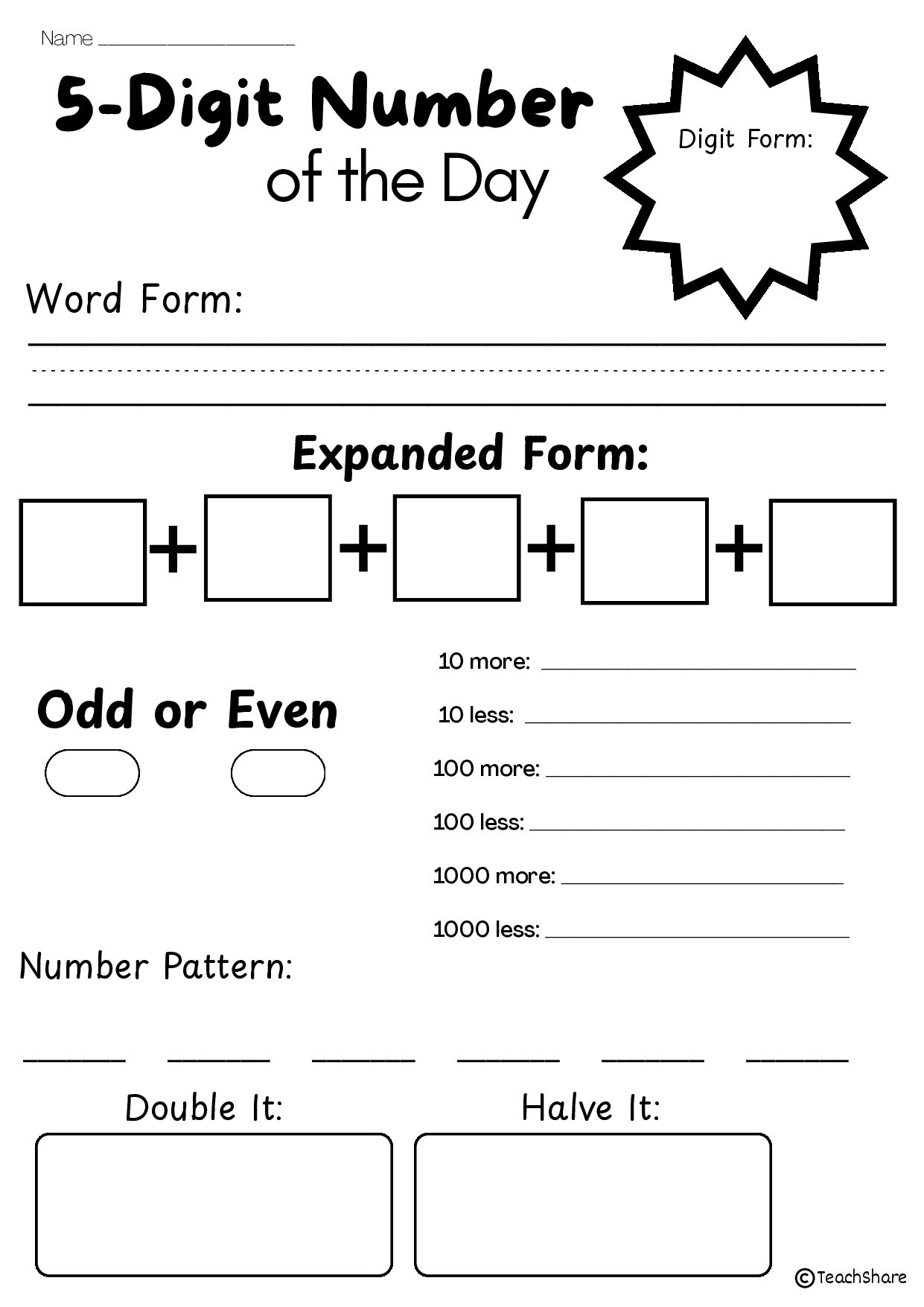 1 Digit to 5-Digit Number of the Day Differentiated Worksheets